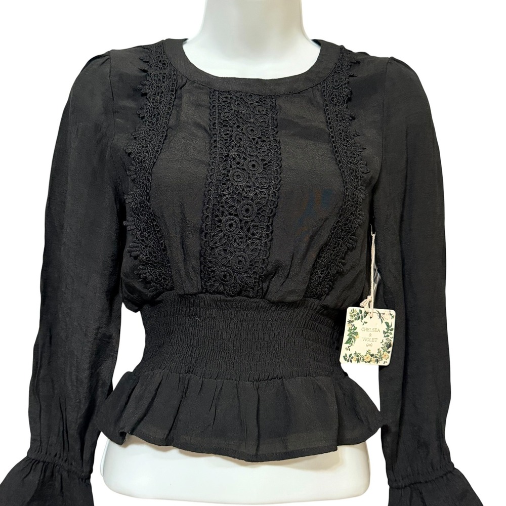 Chelsea & Violet Girls Black Lace Smocked Peplum Blouse Long Sleeve Top Medium